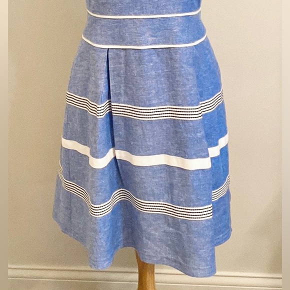Ann Taylor Blue White Striped Textured Linen Blend Sleeveless Lined MIDI Dress 4 - Picture 3 of 15